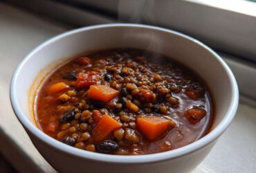 Close-up of a steaming white bowl filled with rich Vegan One-Pot Lentil Taco Soup featuring lentils, black beans, and diced orange vegetables.