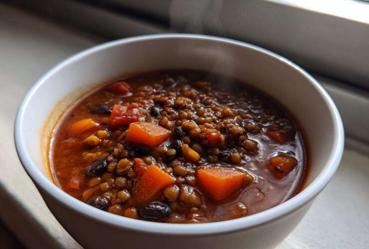 Close-up of a steaming white bowl filled with rich Vegan One-Pot Lentil Taco Soup featuring lentils, black beans, and diced orange vegetables.