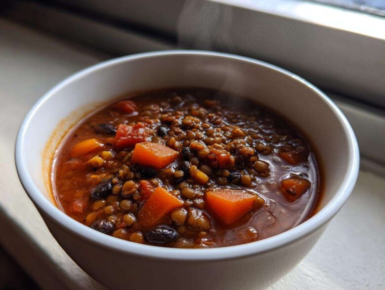 Close-up of a steaming white bowl filled with rich Vegan One-Pot Lentil Taco Soup featuring lentils, black beans, and diced orange vegetables.