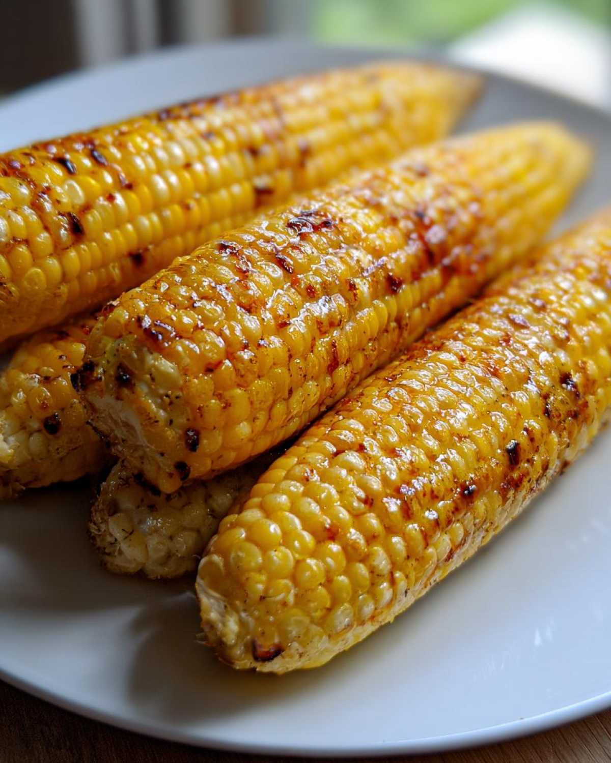 Close-up of several golden, slightly charred ears of Air Fryer Corn on the Cob resting on a white plate.