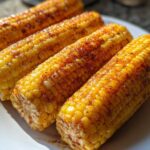 Four bright yellow cobs of Air Fryer Corn on the Cob, seasoned with paprika and spices, resting on a white plate.