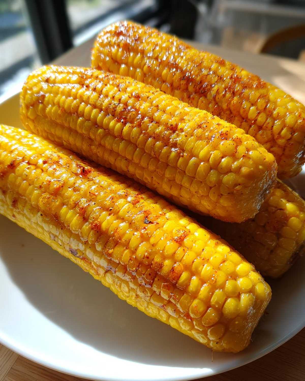 Four bright yellow, seasoned cobs of Air Fryer Corn on the Cob piled on a white plate, sprinkled with paprika.