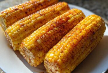 Four bright yellow cobs of Air Fryer Corn on the Cob, seasoned with paprika and spices, resting on a white plate.