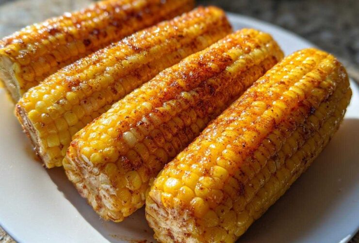 Four bright yellow cobs of Air Fryer Corn on the Cob, seasoned with paprika and spices, resting on a white plate.