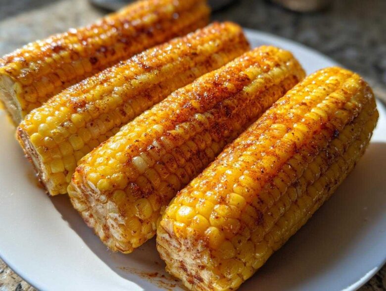 Four bright yellow cobs of Air Fryer Corn on the Cob, seasoned with paprika and spices, resting on a white plate.