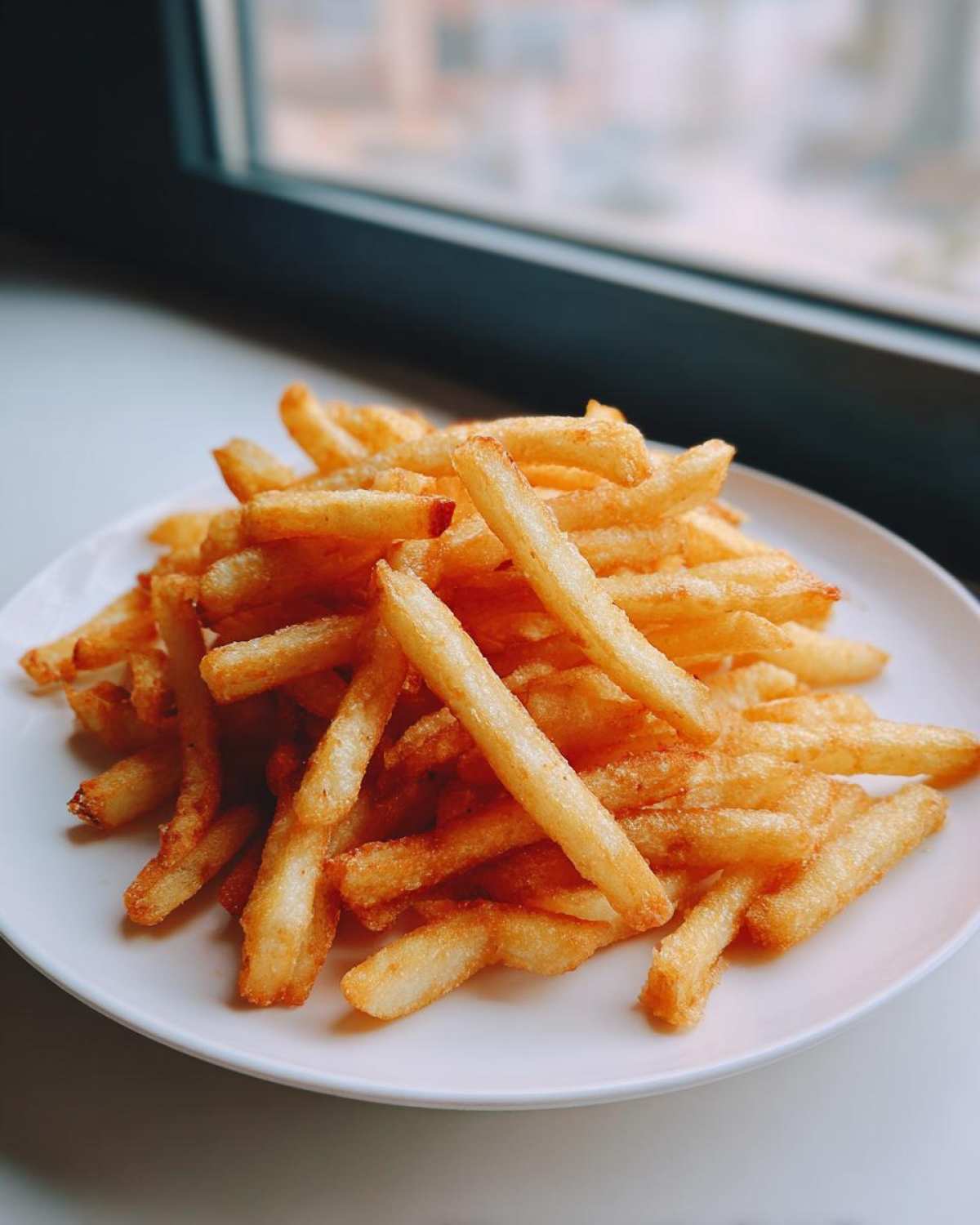 A generous serving of golden, crispy Air Fryer French Fries piled high on a white plate near a window.