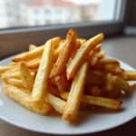 A generous serving of golden, crispy Air Fryer French Fries piled high on a white plate indoors.