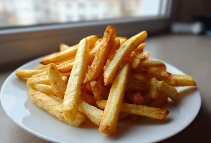 A generous serving of golden, crispy Air Fryer French Fries piled high on a white plate indoors.
