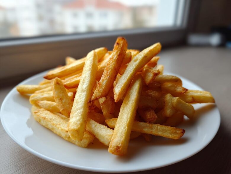 A generous serving of golden, crispy Air Fryer French Fries piled high on a white plate indoors.