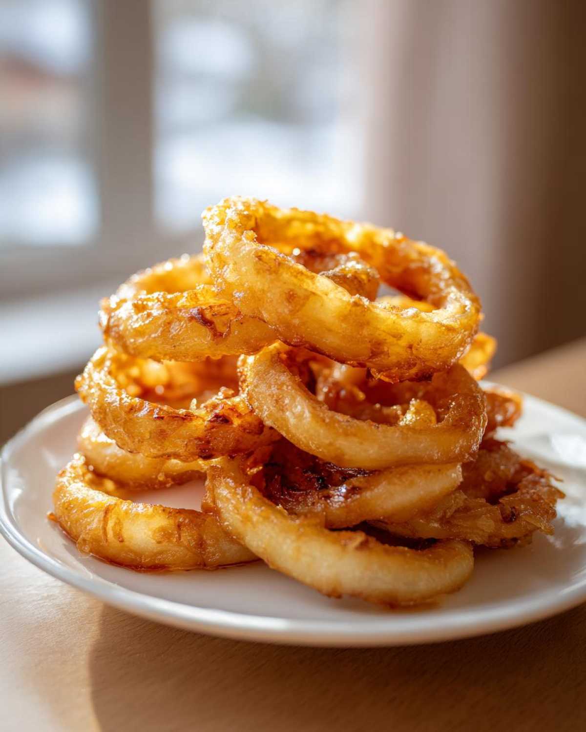 A close-up of a stack of golden brown, crispy onion rings made using the Air Fryer Onion Boil method, served on a white plate.