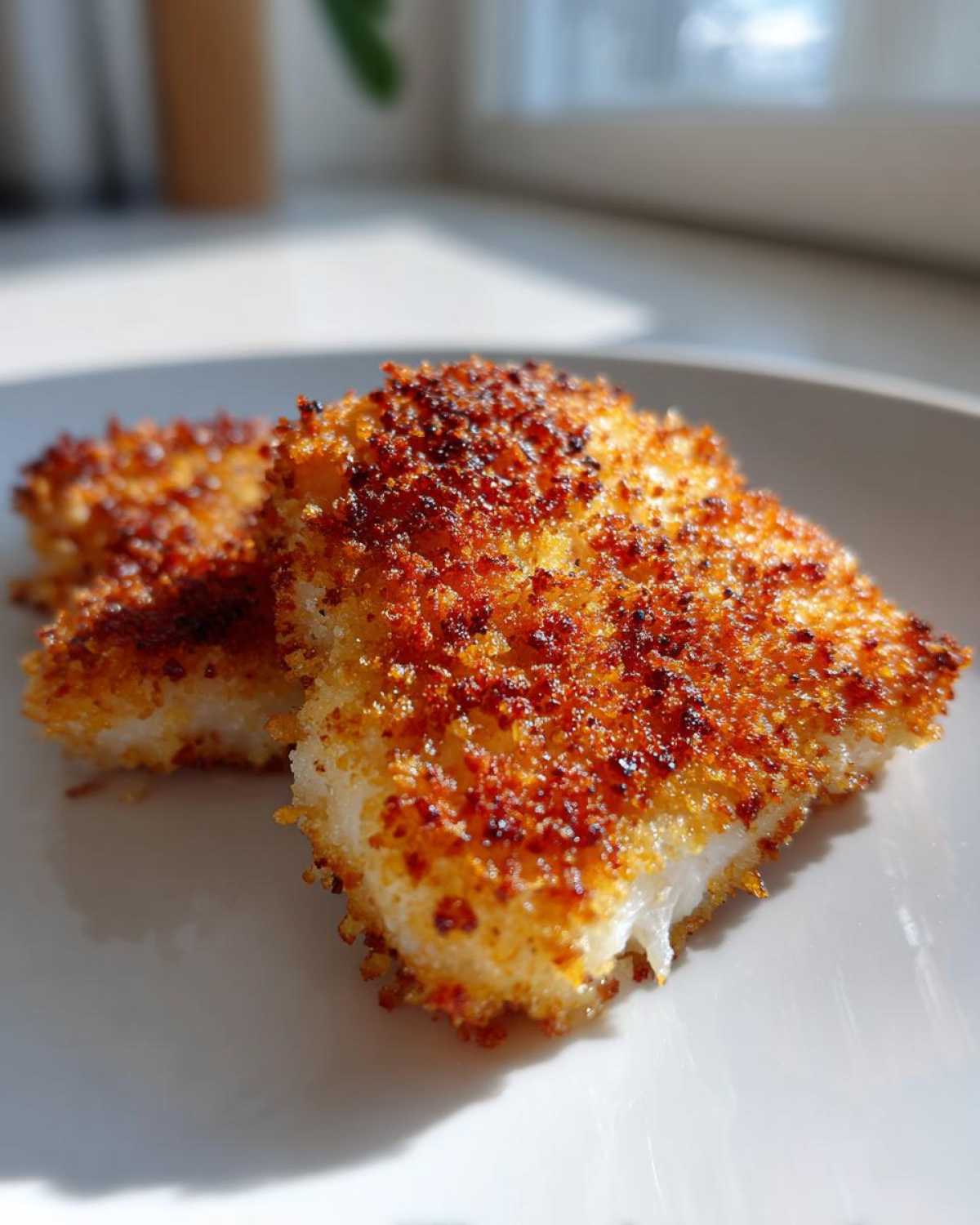 Close-up of two perfectly golden and crispy Air Fryer Panko Cod Fillets on a white plate.