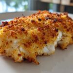 Close-up of a perfectly cooked Air Fryer Panko Cod Fillets showing a flaky white interior and golden brown, crispy coating.