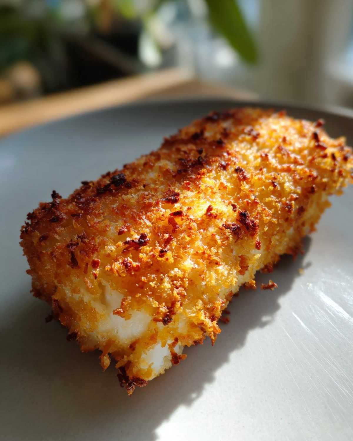 Close-up of a perfectly golden and crispy Air Fryer Panko Cod Fillets on a light gray plate.