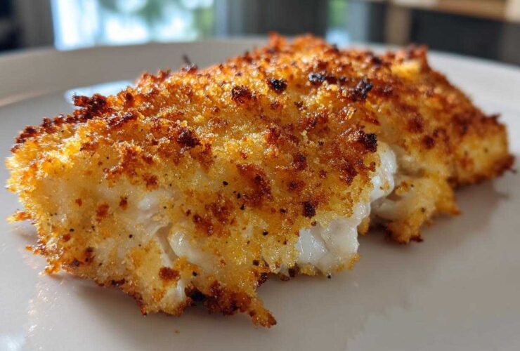 Close-up of a perfectly cooked Air Fryer Panko Cod Fillets showing a flaky white interior and golden brown, crispy coating.