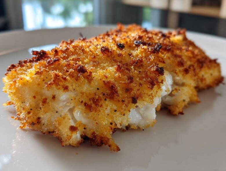 Close-up of a perfectly cooked Air Fryer Panko Cod Fillets showing a flaky white interior and golden brown, crispy coating.