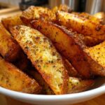 Close-up of golden brown, seasoned Air Fryer Potatoes wedges piled high in a white bowl.