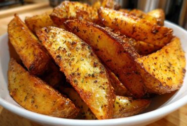 Close-up of golden brown, seasoned Air Fryer Potatoes wedges piled high in a white bowl.