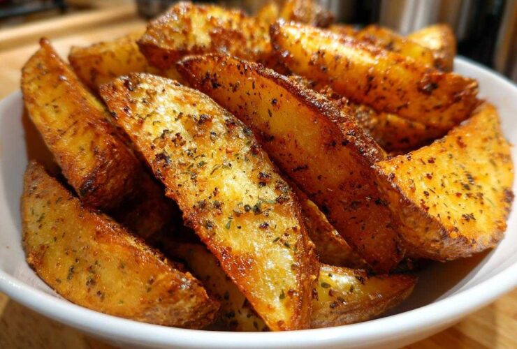 Close-up of golden brown, seasoned Air Fryer Potatoes wedges piled high in a white bowl.