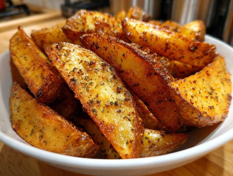Close-up of golden brown, seasoned Air Fryer Potatoes wedges piled high in a white bowl.