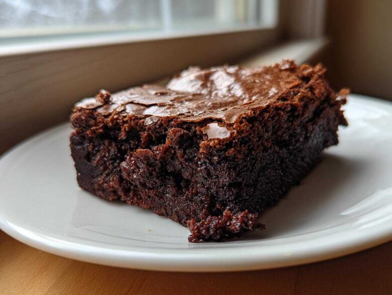 Close-up of a rich, fudgy slice of brownies with a crackly top, sitting on a white plate.