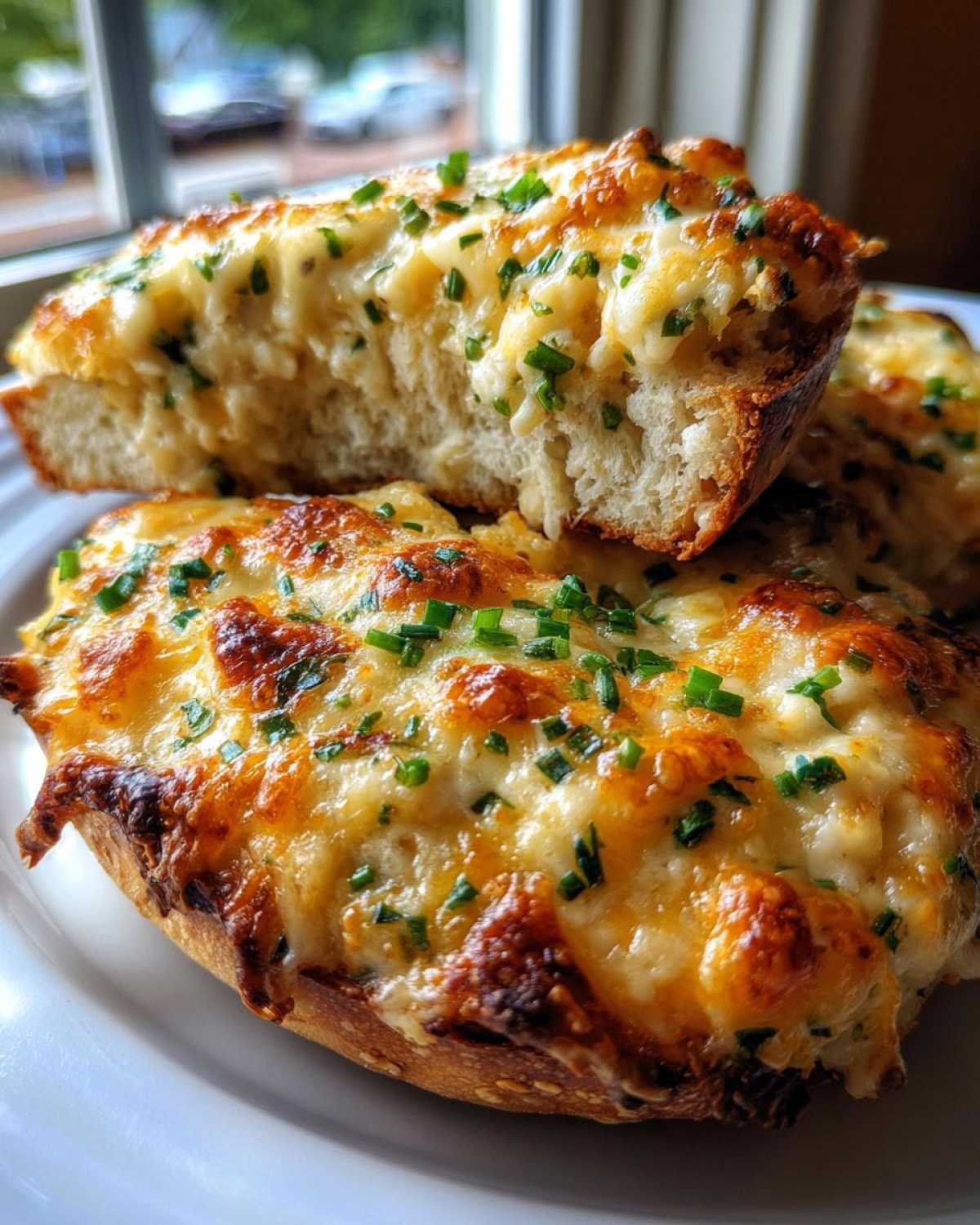 Close-up of a halved bagel loaded with melted, bubbly cheese and topped with fresh green chives, a perfect Cheesy Bagel.