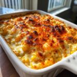 Close-up of hot, baked Amazing Elote Dip topped with browned cheese and chili powder in a white baking dish.