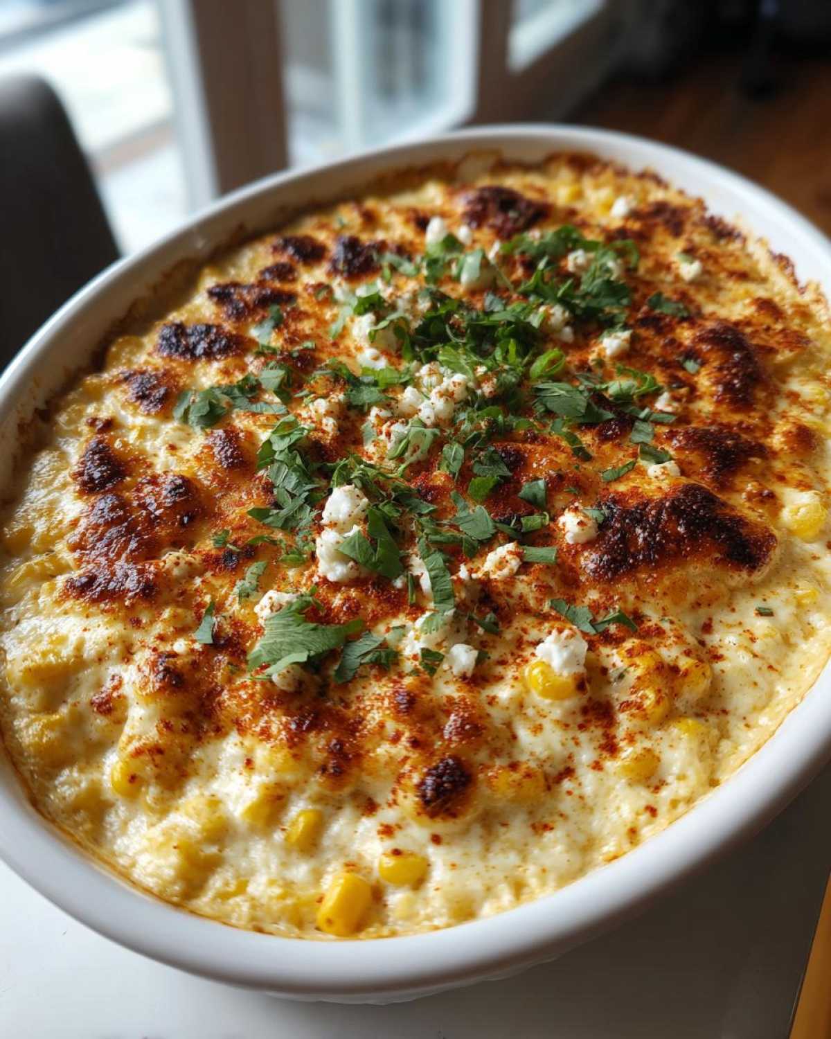 Close-up of a creamy, baked Elote Dip in a white oval dish, topped with browned cheese, cotija crumbles, and fresh cilantro.