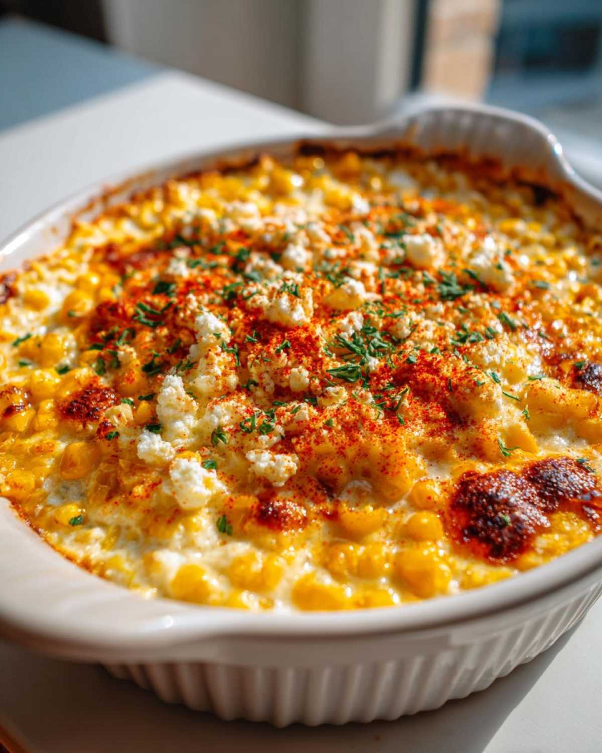 Close-up of hot, creamy Elote Dip baked in a white dish, topped with cotija cheese, chili powder, and cilantro.