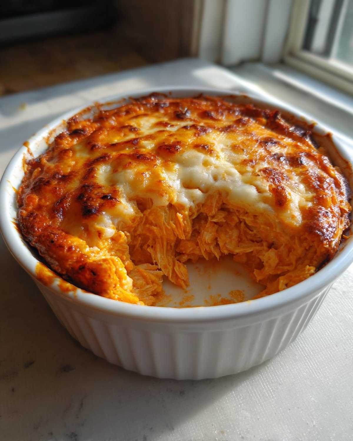 A portion scooped out of hot, cheesy Buffalo Chicken Dip baked in a white ramekin dish.