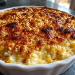 Close-up of a creamy, baked Elote Dip topped with browned cheese and paprika in a white dish.