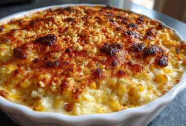 Close-up of a creamy, baked Elote Dip topped with browned cheese and paprika in a white dish.