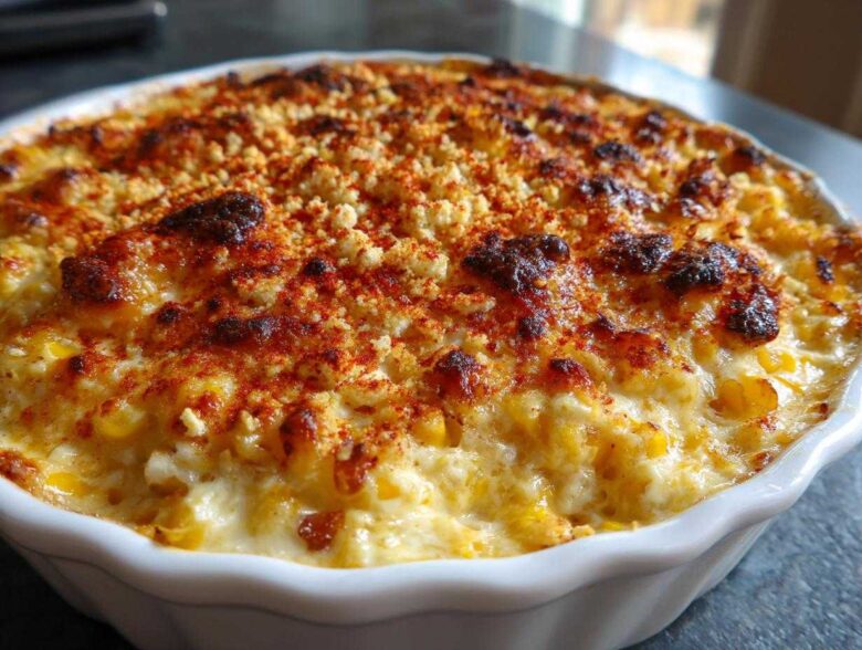 Close-up of a creamy, baked Elote Dip topped with browned cheese and paprika in a white dish.