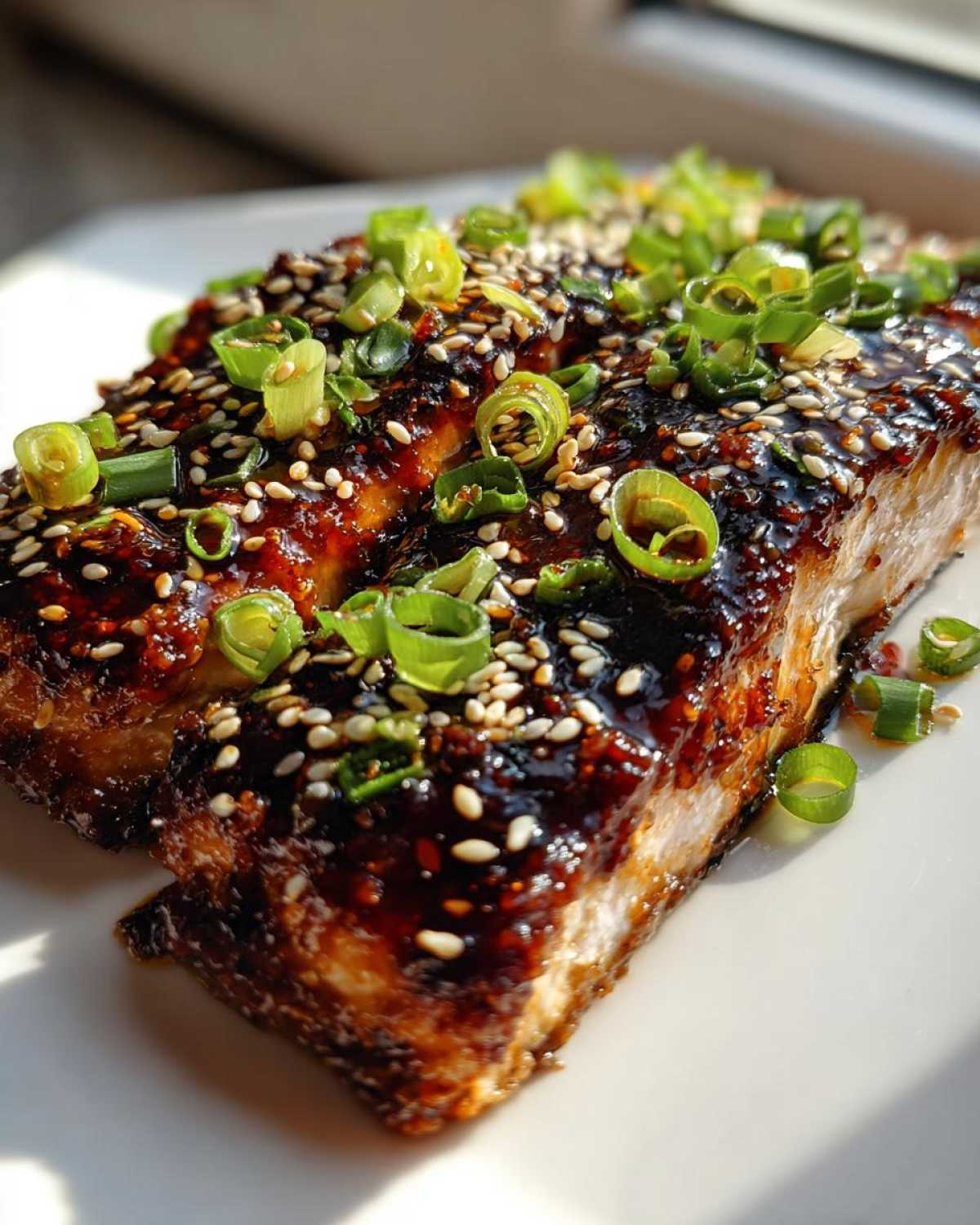 Close-up of two fillets of Baked Teriyaki Salmon covered in dark, glossy glaze, sesame seeds, and chopped green onions.