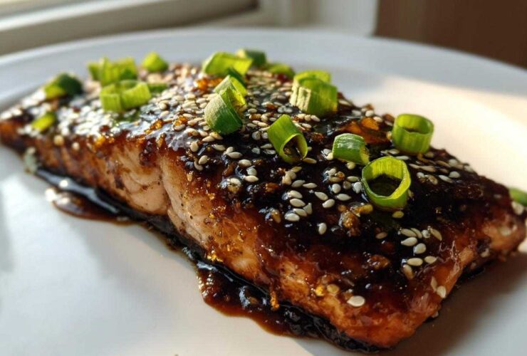 Close-up of a perfectly cooked Baked Teriyaki Salmon fillet covered in dark glaze, sesame seeds, and green onions.