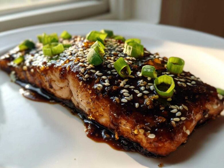 Close-up of a perfectly cooked Baked Teriyaki Salmon fillet covered in dark glaze, sesame seeds, and green onions.