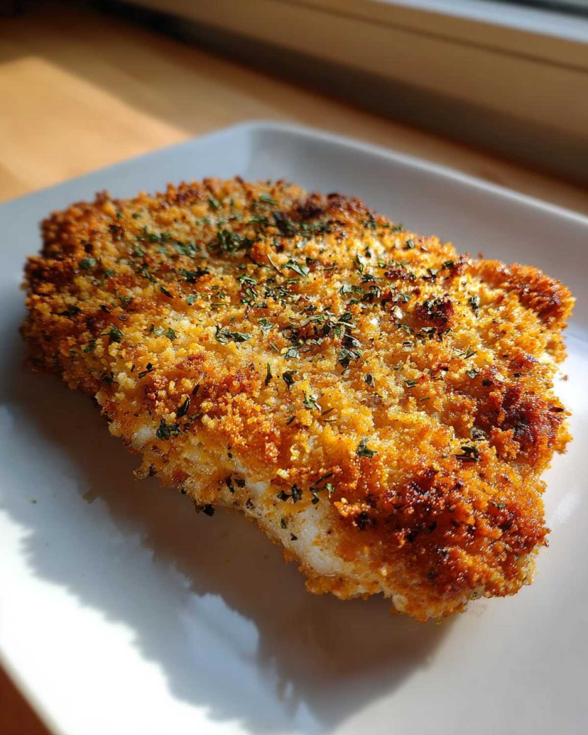 A close-up of a perfectly baked, golden-brown Irresistible Cheddar Ranch Pork Chop on a white plate.