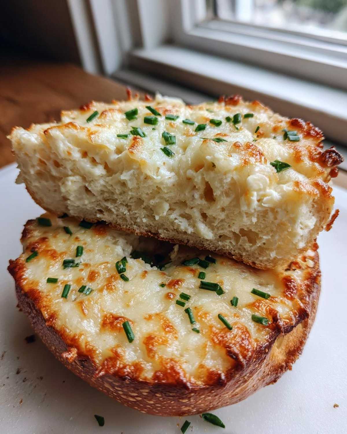 Close-up of a halved Cheesy Bagel showing melted cheese topping and fresh chives, revealing the soft interior.