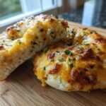 Close-up of a halved Cheesy Bagel with bubbly, golden-brown melted cheese and green herbs on a wooden cutting board.