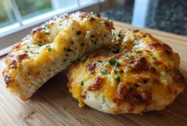 Close-up of a halved Cheesy Bagel with bubbly, golden-brown melted cheese and green herbs on a wooden cutting board.