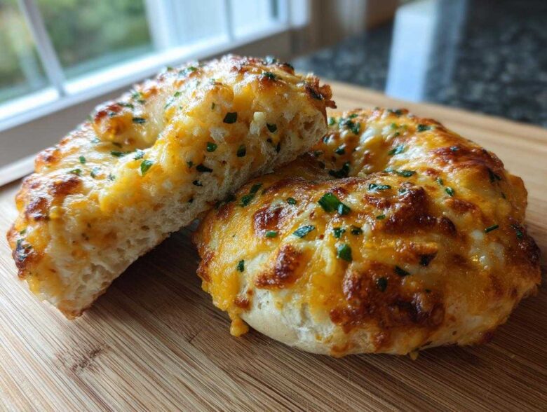 Close-up of a halved Cheesy Bagel with bubbly, golden-brown melted cheese and green herbs on a wooden cutting board.