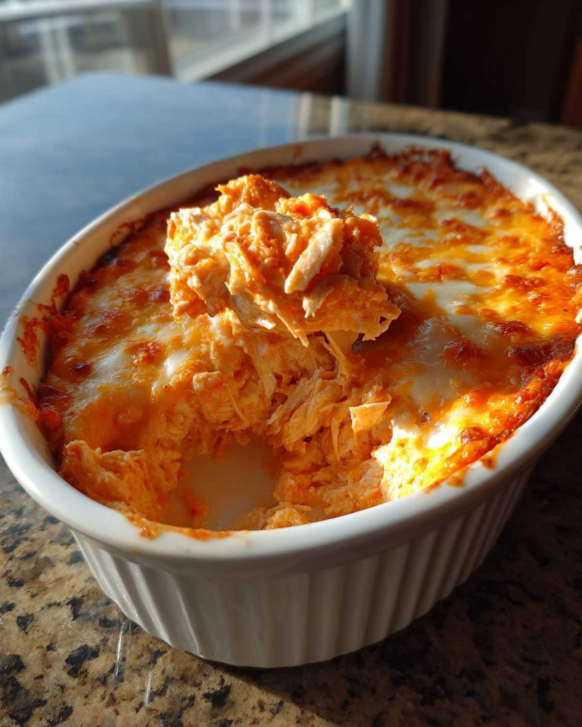 A spoonful of hot, cheesy Buffalo Chicken Dip being lifted from a white baking dish.