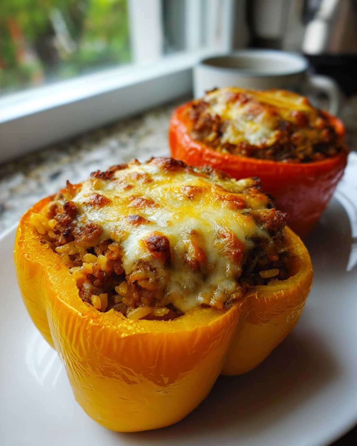 Two baked Stuffed Bell Peppers, one yellow and one orange, topped with melted, browned cheese.