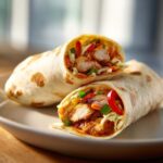 Two halves of a delicious Chili Chicken Wraps Lunch, showing seasoned chicken pieces and colorful slaw inside a soft tortilla.