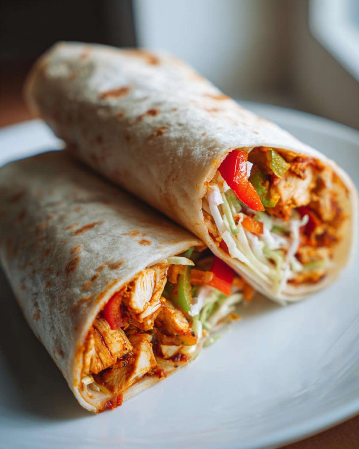 Close-up of two halves of delicious Chili Chicken Wraps Lunch filled with spiced chicken and fresh slaw.