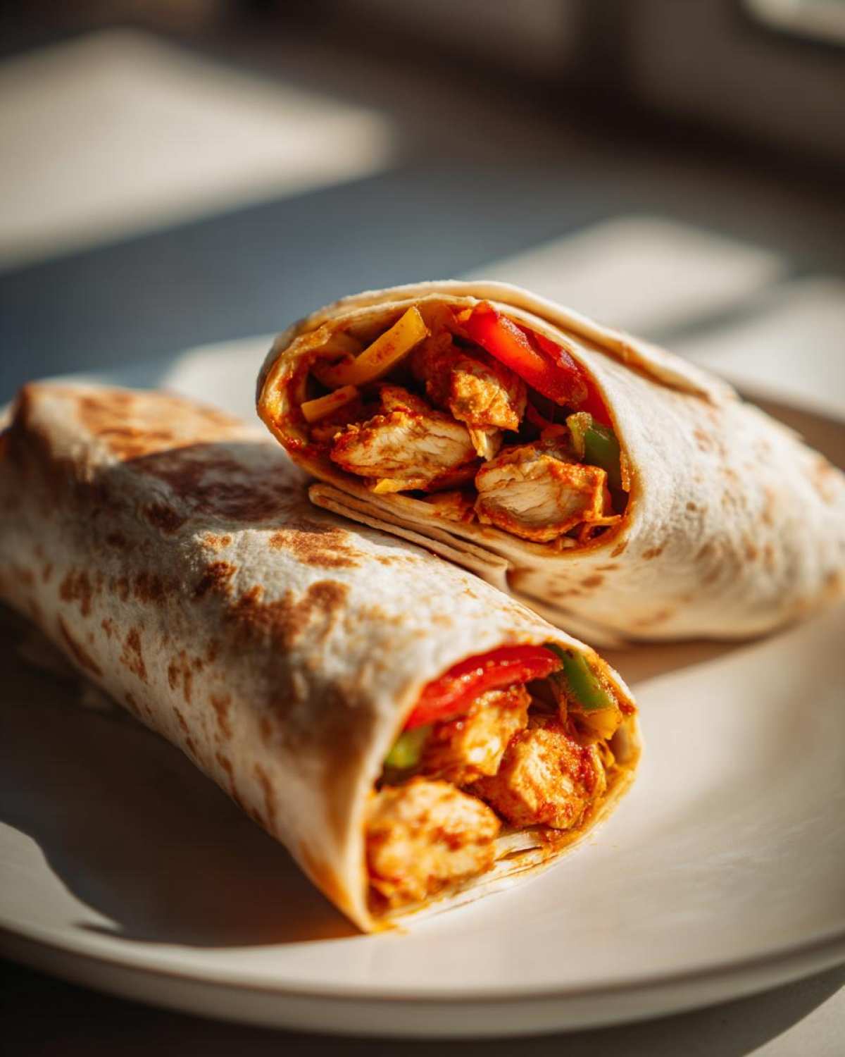 Two halves of a delicious Chili Chicken Wraps Lunch, showing seasoned chicken chunks and colorful peppers inside a toasted tortilla.