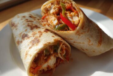 Two halves of a delicious Chili Chicken Wraps Lunch, filled with seasoned chicken and colorful peppers, resting on a white plate.