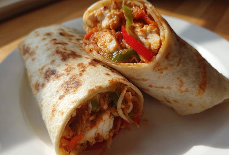 Two halves of a delicious Chili Chicken Wraps Lunch, filled with seasoned chicken and colorful peppers, resting on a white plate.