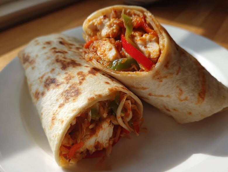Two halves of a delicious Chili Chicken Wraps Lunch, filled with seasoned chicken and colorful peppers, resting on a white plate.