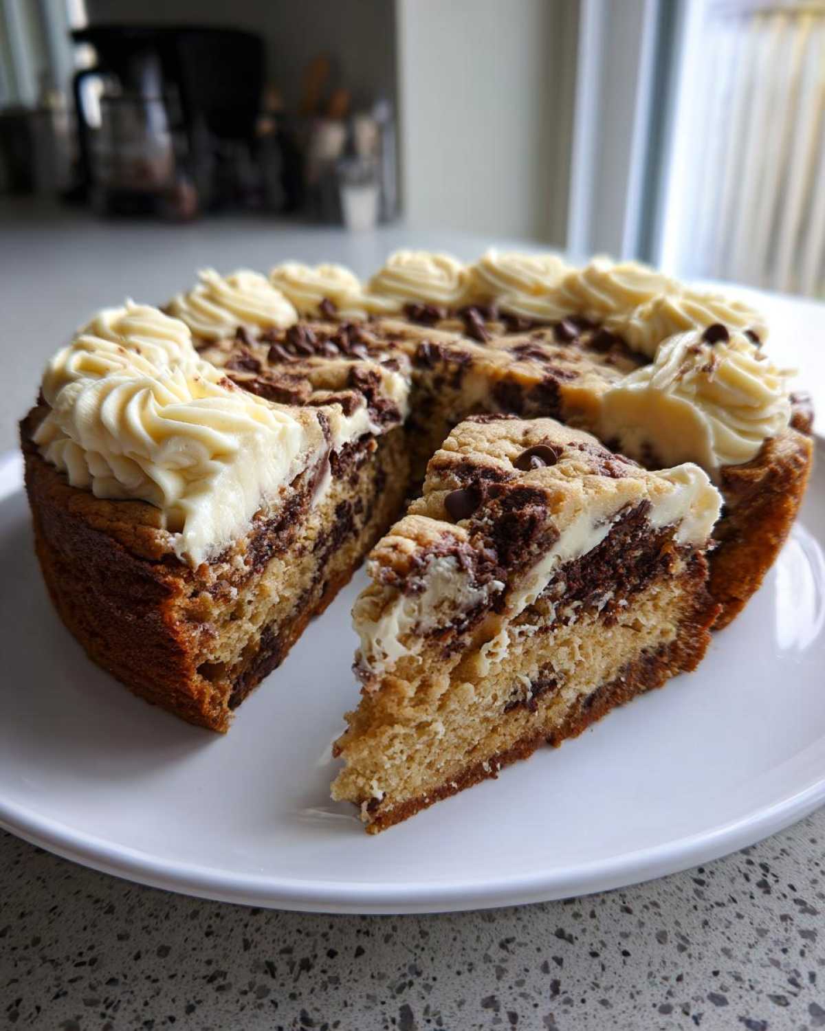 A slice cut from a round Chocolate Chip Cookie Cake topped with vanilla frosting swirls and chocolate chips.