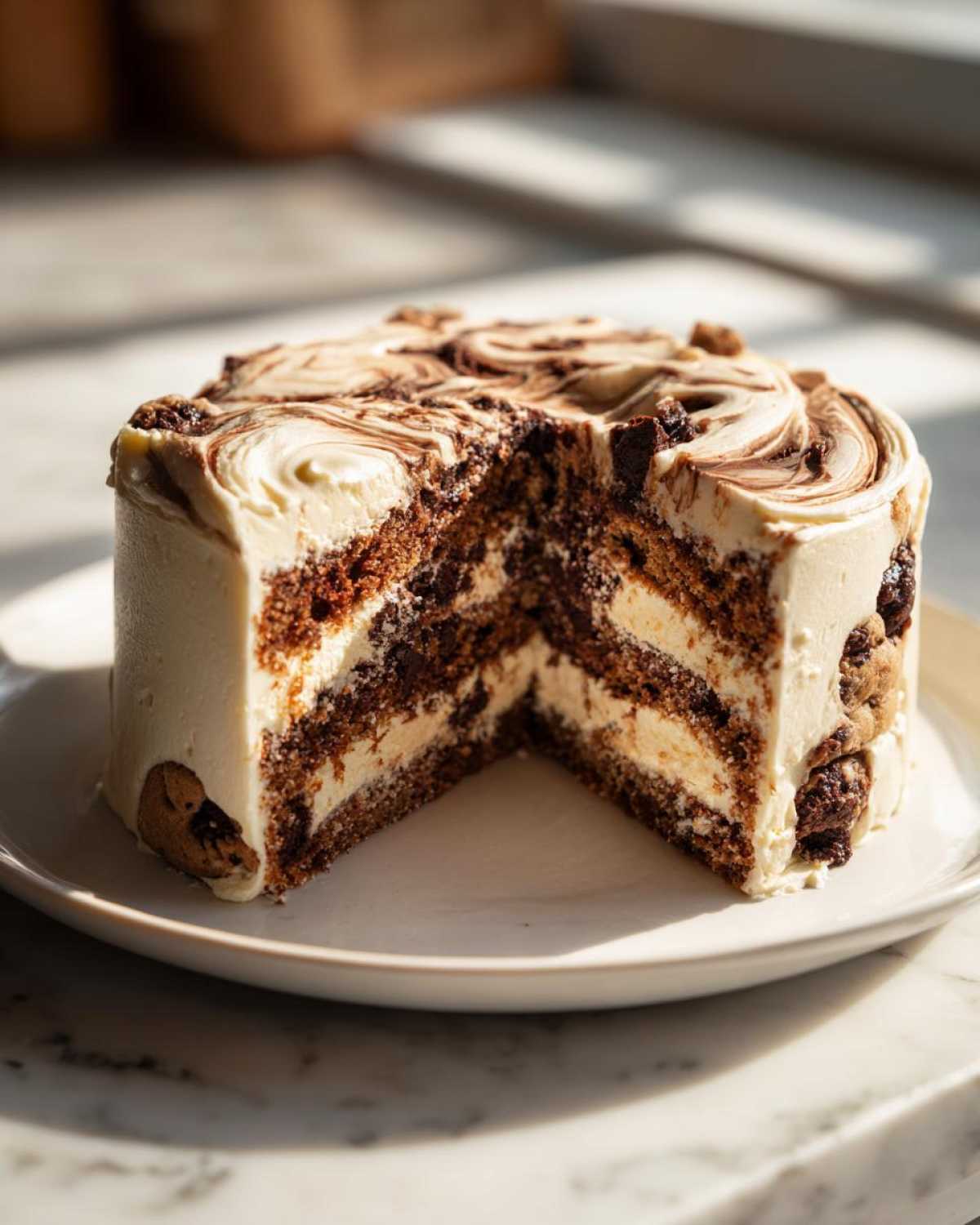 A slice removed from a layered Chocolate Chip Cookie Cake showing rich layers and cream frosting.
